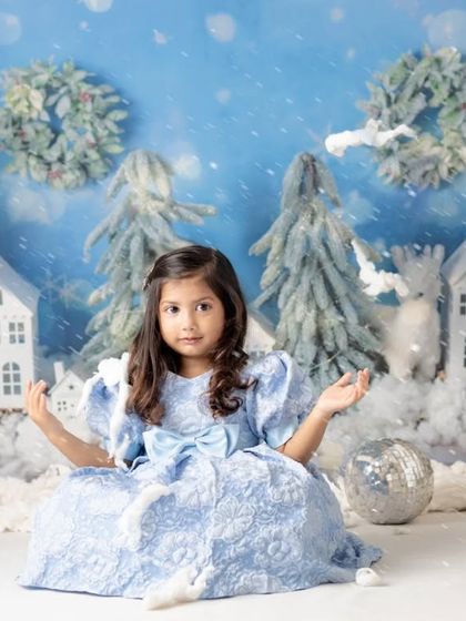 A little girl dressed as Princess Elsa in a magical winter wonderland. This theme is a favorite for Christmas and holiday mini sessions.