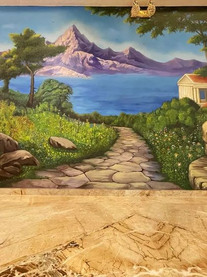 A shot showing the landscape mural above the polished marble floor, illustrating how our art complements high-end interior finishes.