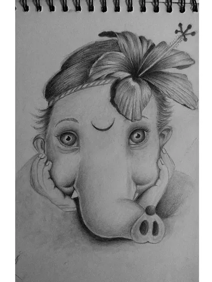 A sketch of a youthful, endearing Bal Ganesh. This simpler, charming style captures the innocent and beloved form of Ganpati Bappa.