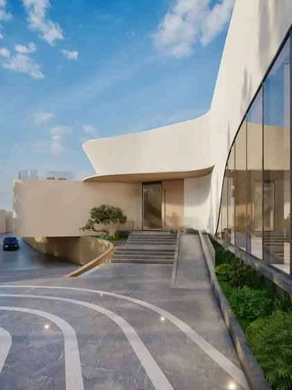 This is a render of a forthcoming commercial project in Delhi, showcasing a design defined by fluid, organic curves. The architecture aims to create a seamless flow between the exterior driveway, entrance, and the light-filled interior spaces.