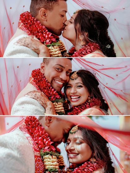 A collage of Thamana and Elija's intimate moments under the bride's veil. These shots are full of romance, happiness, and the magic of their cross-cultural wedding.