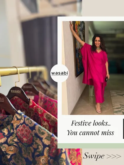 This collage showcases some of our festive looks you cannot miss, including a beautiful fuchsia pink co-ord set that is both bold and comfortable.