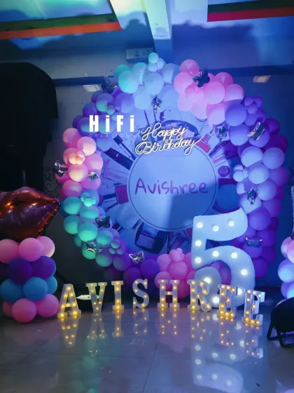 A glamorous makeup-themed birthday party for a 5-year-old. The decor includes a circular balloon arrangement in shades of purple and pink, with lipstick and other makeup graphics on the backdrop.