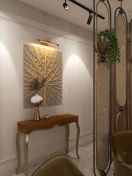 Detail shot of the drawing room, highlighting the elegant console table and wall art, complemented by track lighting and decorative partitions with hanging planters.