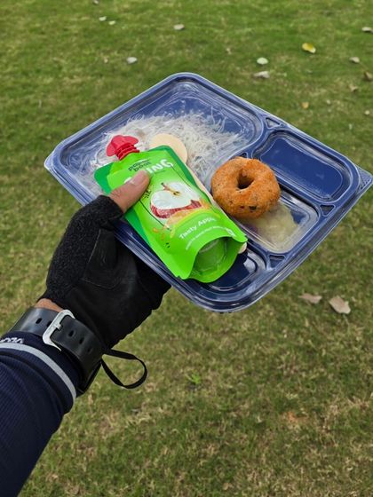 A close up of the breakfast provided to riders during the Rajyotsava 200k. We ensure our cyclists are well-fueled with items like shavige bath, vada, and energy pouches.