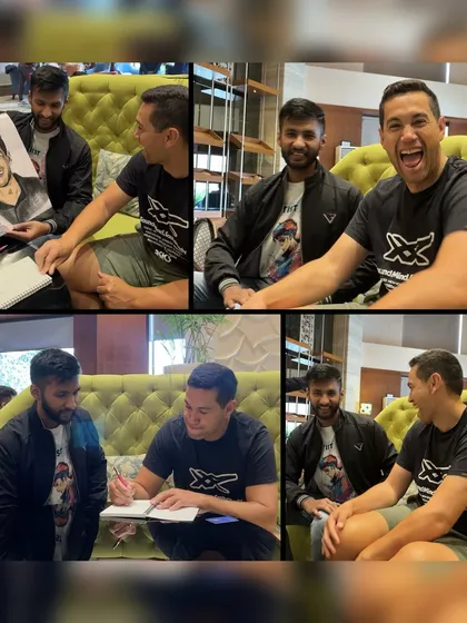 A collage showing the fun interaction I had with former New Zealand cricketer Ross Taylor while gifting him a portrait.