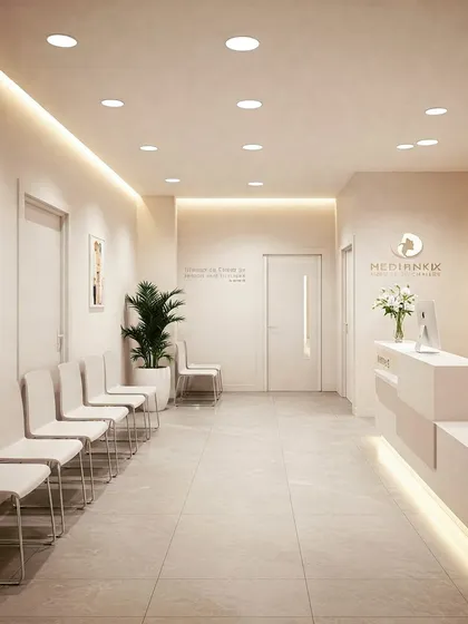 An elegant and serene aesthetic clinic reception with a minimalist white desk and chairs. The soft, warm lighting and portraits on the wall create a sophisticated and calming ambiance.