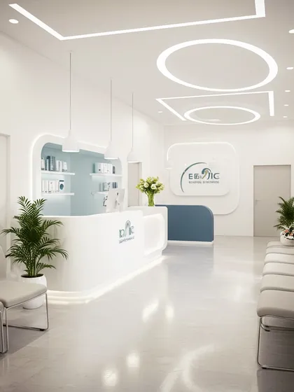 A futuristic and clean clinic reception in all-white, featuring curved lines on the desk and ceiling. The design incorporates illuminated display shelves and a glowing logo, creating a bright, sterile, and highly modern look.