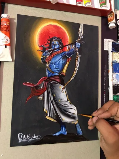 A powerful portrait of Lord Ram, ready to aim his bow. I used acrylics against a dark background with a red sun to create a dramatic and intense scene. Jai Siya Ram.