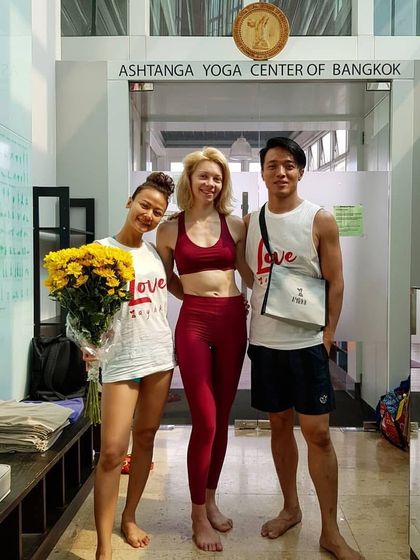 With fellow practitioners at the Ashtanga Yoga Center of Bangkok. A teacher provides support and shows you your potential, which is why students often return for that connection.