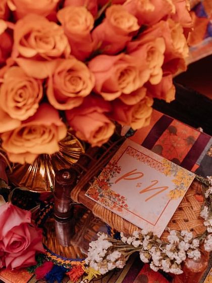 A close-up of the Haldi decor, featuring traditional Phulkari fabrics and beautiful floral arrangements.