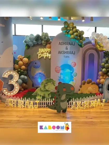 A roarsome dinosaur party setup perfect for your little paleontologist. This theme includes friendly dinosaur cutouts, a light-up age number, and a volcano backdrop for a prehistoric adventure.