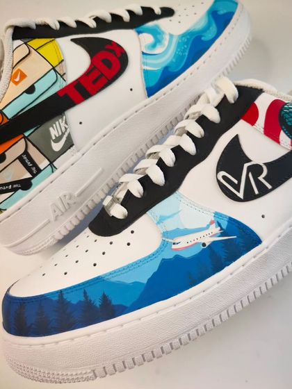 The other shoe in the pair features a mountain landscape with a plane, symbolizing his love for travel, along with his personal logo on the swoosh.