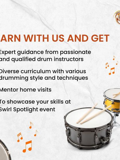When you learn drums with us, you get expert guidance, a diverse curriculum, mentor home visits, and the chance to perform at Swirl Spotlight events.