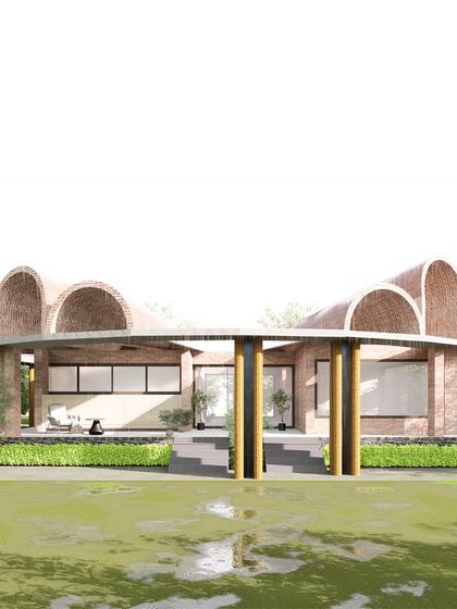 A render for a farmhouse project in Bangalore, featuring an undulating vaulted roof made of kiln bricks. The design juxtaposes a clean, orthogonal ground plane with a complex roof geometry to create interesting light flows and volumes.