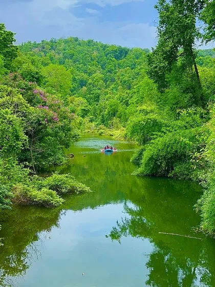 A distant shot shows a raft surrounded by the immense greenery of the Shivpura backwaters, highlighting the beauty of our camp locations.