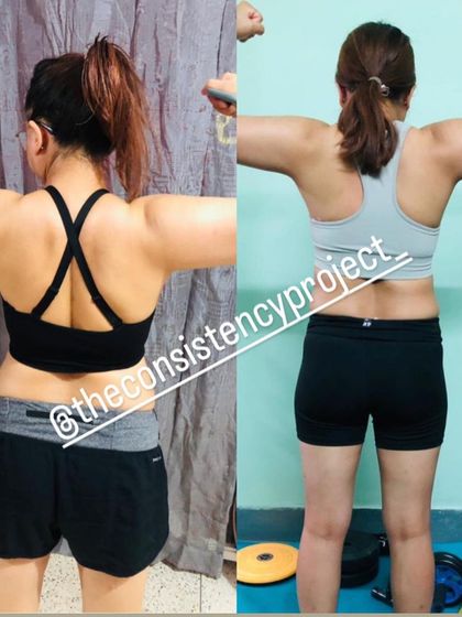 A look at the back development of my client J. We've now shifted our focus from fat loss to building quality muscle, and her dedication to her home workout setup makes it possible.