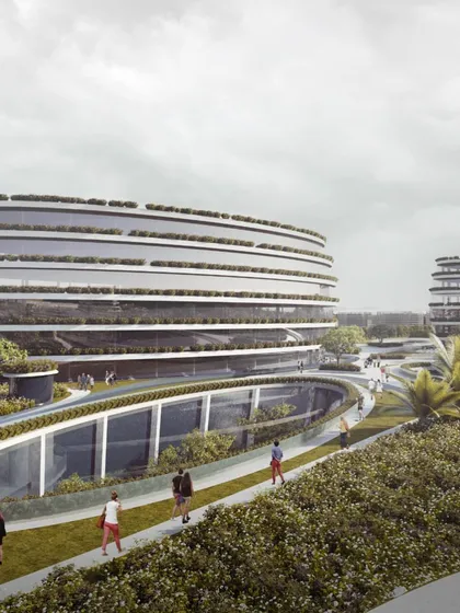 The surrounding office towers feature green facades and terraces, continuing the "garden city" theme throughout the masterplan.