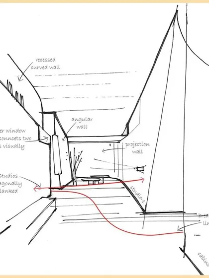This sketch illustrates the conceptual design for my own office. It shows how I use angular walls and diagonal sightlines to break linearity and create a dynamic, productive workspace.