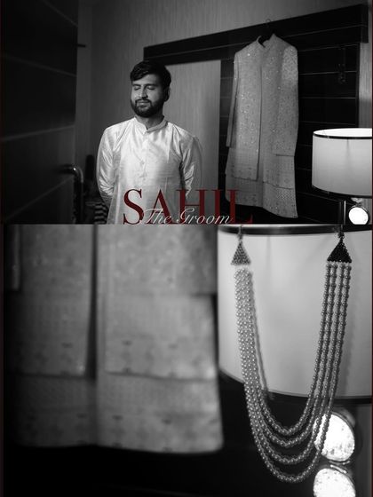A stylish black and white collage of the groom's getting-ready process, featuring portraits and detail shots of his accessories.