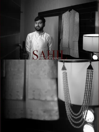 A stylish black and white collage of the groom's getting-ready process, featuring portraits and detail shots of his accessories.
