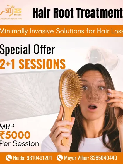 Don't let falling hair get you down. Our Hair Root Treatment gets to the source of the problem. This image highlights our special offer for this minimally invasive and effective therapy for weak roots.