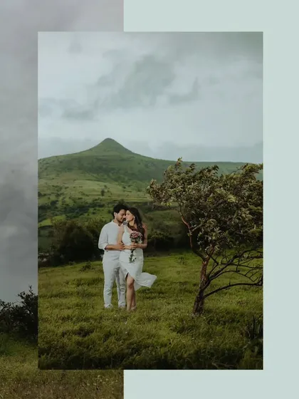 An artistic composition of a couple in a lush green valley, framed by a soft, colored border.