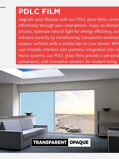 This graphic explains the functionality of my PDLC film. It allows you to transform windows into opaque surfaces for privacy and energy efficiency, all controllable from your smartphone.