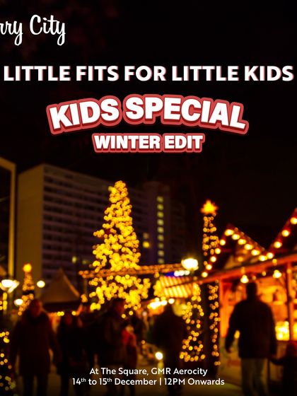 "Little fits for little kids." A promotional graphic for our Kids Special Winter Edit, set against a backdrop of festive lights, highlighting the focus on children's products.