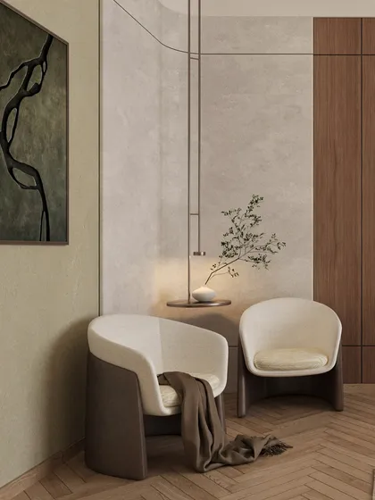 A cozy seating nook in the corner of the guest room, perfect for quiet moments. The design evokes comfort and classic charm.