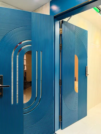The bold blue PU-finished door shown open, revealing its sturdy construction and high-quality hinges.