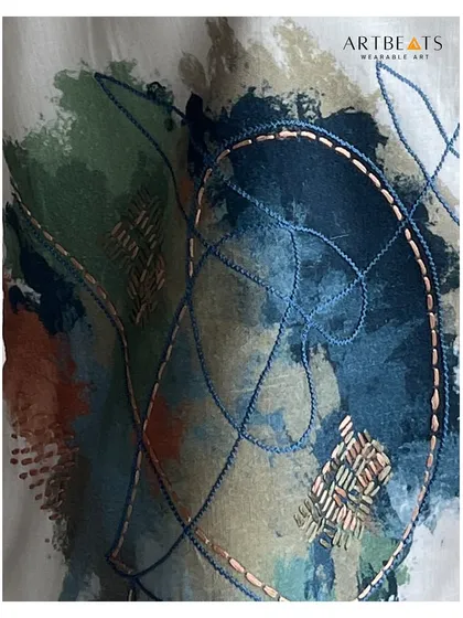 A detailed close-up of the Reverie set's fabric, showing the intricate embroidery and the blend of vibrant hues on an ivory base. This is where you can see the story in the stitches.