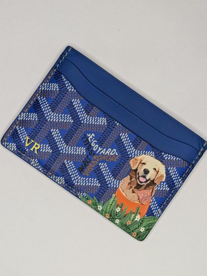 This is the other side of the custom Goyard card holder, featuring a portrait of Caesar the Golden Retriever. Each side is a tribute to a different furry friend.
