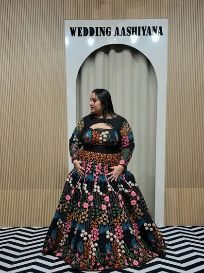 Another angle of the plus-size floral lehenga, showing how it drapes beautifully. My goal is to create outfits that make you feel as good as you look.