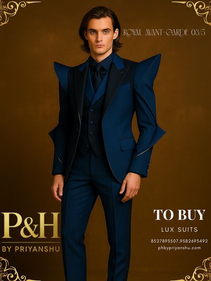 A three-quarter shot of the royal blue and black suit, highlighting the intricate construction of the sleeves and the sharp, angular details that define this wearable masterpiece.