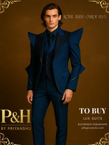 A three-quarter shot of the royal blue and black suit, highlighting the intricate construction of the sleeves and the sharp, angular details that define this wearable masterpiece.
