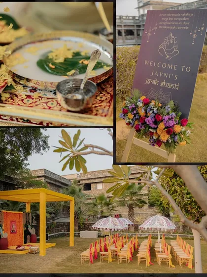 The Grah Shanti ceremony was set up in the serene lawns of the resort, with a simple, elegant mandap and traditional seating arrangements.