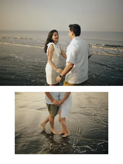 A playful moment captured by the sea. This two-part image shows the couple's fun-loving dynamic during their pre-wedding beach photoshoot.