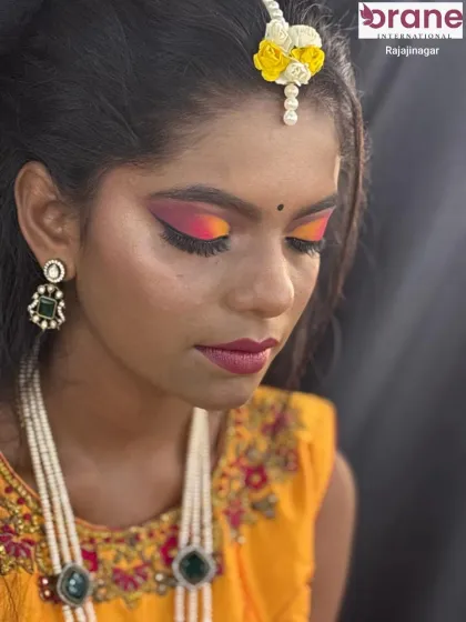 A vibrant and colorful Haldi and Mehandi makeup look, perfect for pre-wedding celebrations.