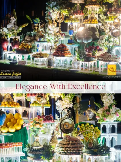 Elegance with excellence is our motto. This multi-tiered fruit and dessert display is a work of art, combining fresh produce with beautiful flowers and decorative elements.