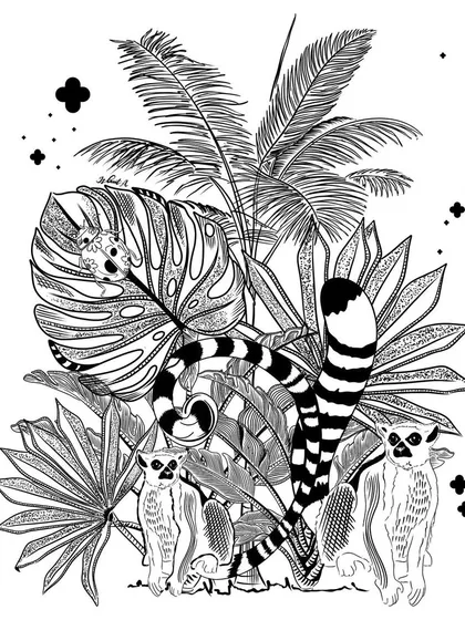 A sneak peek of my "Treasures of Madagascar" print, showing a composition of lemurs and tropical leaves. This intricate black-and-white design is perfect for detailed artwork.