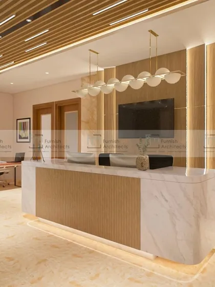 This is a waiting area we designed for a healthcare facility. We used comfortable seating, warm wood tones, and marble accents to create a calming and professional environment for patients and their families.