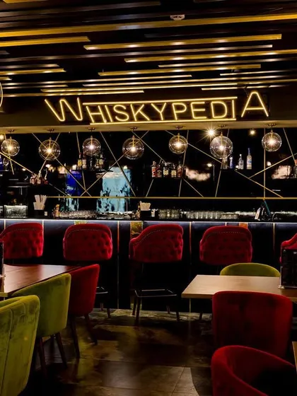 The ambiance at 'Whiskypedia' is defined by its moody lighting and rich textures. The geometric gold lines on the back bar and the warm glow of the pendant lights create a sophisticated and intimate atmosphere.