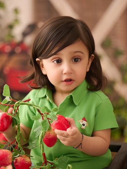 A curious expression in our apple orchard setup. We use realistic props to create an immersive environment for your child to explore.