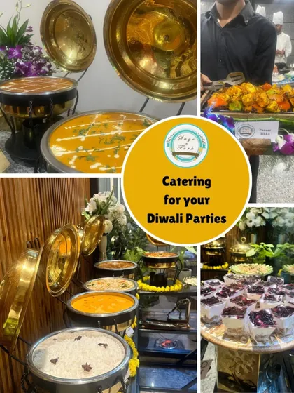 A collage showcasing our comprehensive catering for Diwali parties. From the hot buffet line featuring classic Indian mains to appetizers like Paneer Tikka and elegant desserts, we provide a complete and stress-free solution for your festive feast.
