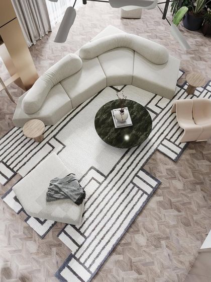 This design concept revolves around a striking geometric rug. The curved sofa and minimalist armchair are arranged to complement the rug's pattern, creating a dynamic and visually engaging living space.
