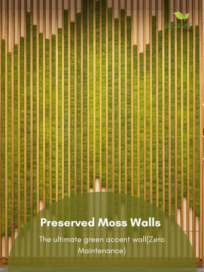 For the ultimate in effortless elegance, we recommend preserved moss walls. This installation uses real, preserved moss arranged between wooden slats, offering a sophisticated, zero-maintenance green accent.