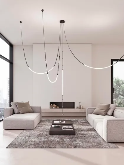 The Leda system used to create a sprawling, artistic installation in a large living room. It can be directed and shaped to illuminate different zones within a single space.