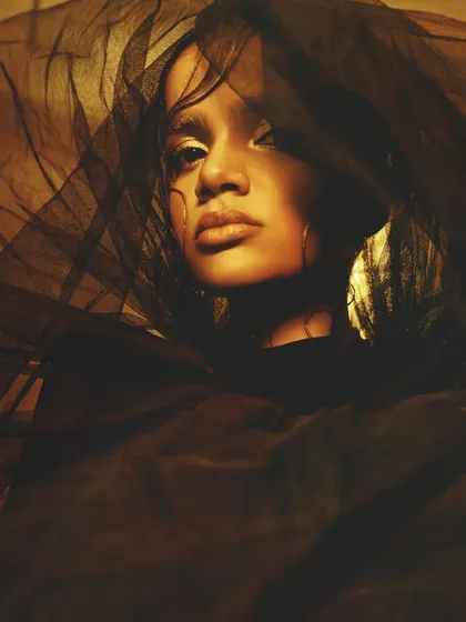 A hauntingly beautiful portrait with a sheer veil, where the golden makeup on the eyes and skin creates a captivating focal point.
