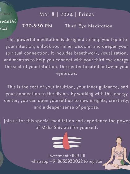 Join us on the auspicious night of Mahashivratri to tap into the power of cosmic energies with a Third Eye Meditation. This practice is designed to unlock your inner wisdom and deepen your spiritual connection.